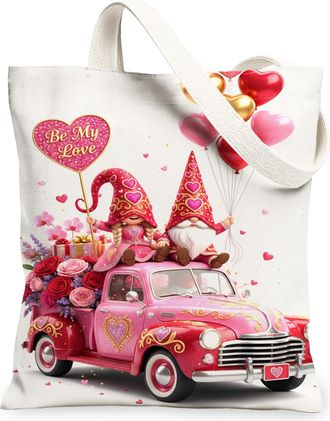 Generic ValentineS Day Gnome Canvas Tote Bags, Cute Love Heart Pattern Reusable Grocery Bags, Lightweight Washable Shoulder Strap, White, 13x15 Inch