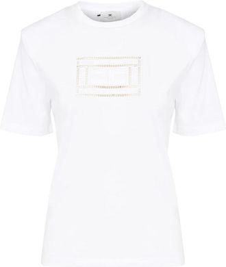 Elisabetta Franchi T-shirt met ronde hals en logo-borduursel - Dames - T-shirts - Wit - L - Katoen - Tops
