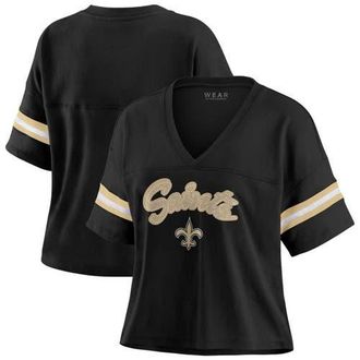 WEAR by Erin Andrews Womens WEAR by Erin Andrews Black New Orleans Saints Plus Size Color Block Boxy V-Neck T-Shirt at Nordstrom, Size 2X