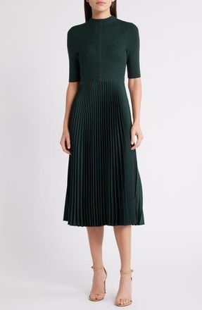 BOSS Fireanami Shimmer Sweater Dress with Pliss&eacute; Skirt in Court Green at Nordstrom Rack, Size Xx-Large