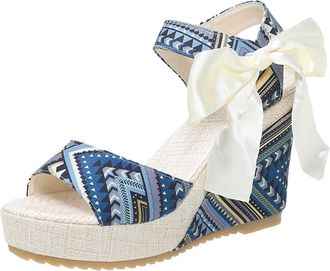 Generic Womens Oversized Draped Heel Sandals Fashionable Printed Versatile Summer Footwear with Comfortable Design for Casual Outings (Blue, 4.5)