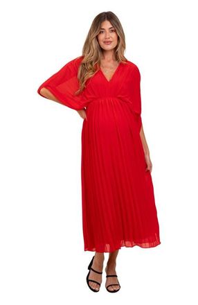 Pinkblush Pleated V Neck Maxi Dress in Red at Nordstrom, Size Small