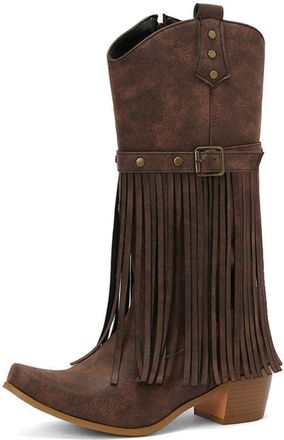 Generic Embroidered fringe cowboy boots for women british style belt buckle square toethick heel zipper fashionable boots riding country boot retro boots,medi