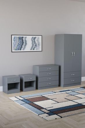 Home Discount Riano 4 Piece Bedroom Set - 1 Drawer Bedside, 4 Drawer Chest, Wardrobe in Grey