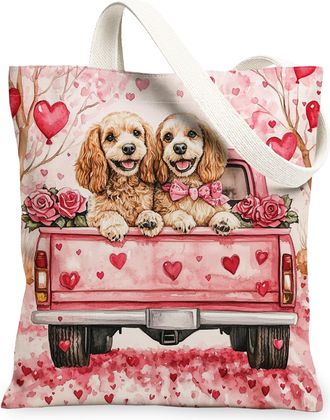 Generic Valentines Day American Cocker Spaniel Dog Canvas Tote Bag for Shopping 13x15, Fun Truck Puppy Reusable Grocery Print Pattern Bag for Women, Couple Be
