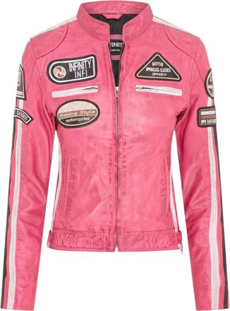 Infinity Leather Womens Biker Racing Badges Fuschia Leather Jacket-Eastleigh