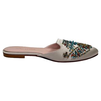 Oscar De La Renta Oscar De La Renta Embellished Mules in White Satin