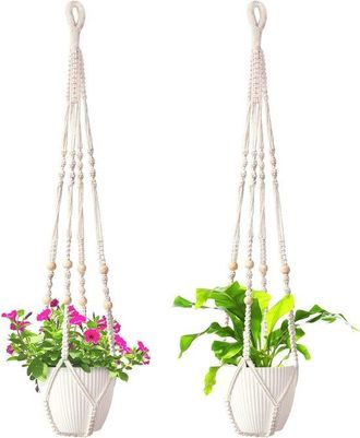 No Brand Paquete De 2 Cestas Colgantes Tejidas A Mano Para Plantas, Macetas De Cuerda De Algod&oacute;n Estilo Bohemio Con Cuentas De Madera Para Decoraci&oacute;n De Interi