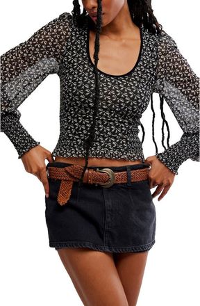 Free People Dottie Bow Print Sheer Sleeve Smocked Top in Black Combo at Nordstrom, Size X-Large