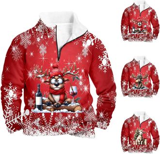 Generic Christmas Jumpers for Men Funny Reindeer Sweatshirt Fleece Lined Pullover 1/4 Zip Xmas Jumper 3D Printed Sweater Long Sleeve Casual Loose Sweatshirts
