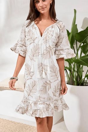 Tribal Textured Eyelet Flutter Sleeves Midi Dress In White