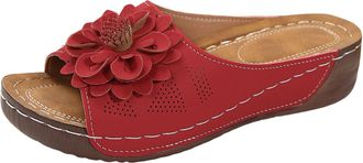 Generic Casual Sandals For Women Thick Soled Flower Fashion Casual Women Shoes Solid Color Open Toe Hollow Slippers Soft Breathable Outdoor Wedges Shoes (Red,