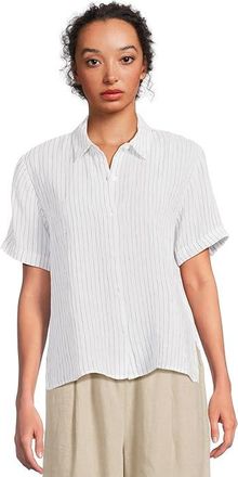 Eileen Fisher Classic Collar Short Sleeve Shirt Womens Clothing White Black : XS, Tencel/Lyocell/Elastane