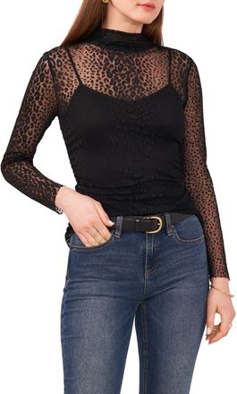 Vince Camuto Leopard Print Long Sleeve Mesh Top in Rich Black at Nordstrom, Size Xx-Large