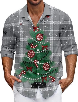 Generic Funny Christmas Shirts for Men, Humorous Long Sleeve Xmas Party Shirt with Santa, Snowman, Reindeer and Wine Glass Prints, Trendy Christmas Shirts for