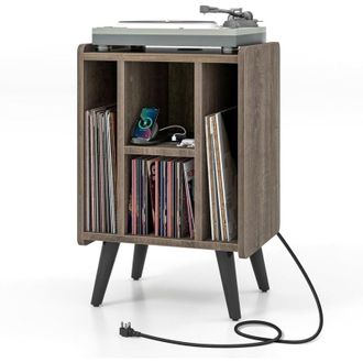 Costway Costway Mesa Auxiliar Con Estaci&oacute;n De Carga, Soporte Para Tocadiscos Con Amplia Encimera, Toma De Corriente, Estante De Exhibici&oacute;n Para Tocadiscos Vin