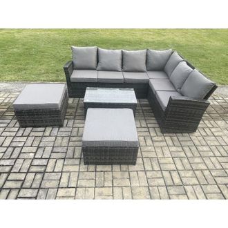 Fimous Wicker pe Outdoor Garden Furniture Set High Back Rattan Corner Sofa Set with Rectangular Coffee Table 2 Big Footstool - Fimous