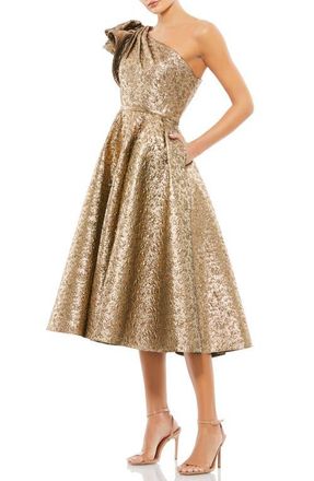 Mac Duggal One Shoulder Bow Midi Dress in Antique Bronze at Nordstrom, Size 16