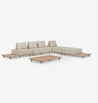 Sklum Conjunto De Jard&iacute;n Con Sof&aacute; Modular Chaise Longue De 4 Piezas Con Mesa Auxiliar Y Mesa De Centro 160x95 Cm En Acacia Portet Sklum