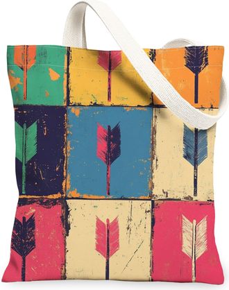 Generic Vintage Artistic Canvas Tote Bags, Colorful Arrowhead Pattern Reusable Grocery Bags, Lightweight Washable Shoulder Strap Canvas for Travel, Shopping, 