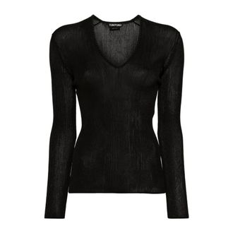 Tom Ford Tops, Dames, Zwart, M, Sheer Fine-Ribbed Top Lange Mouwen