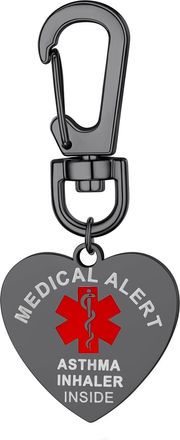 SupCare Black Medical Alert Keychain Tag Asthma Inhaler Stainless Steel Emergency Reminder Heart Keyrings