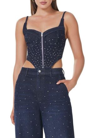 AFRM Iris Rhinestone Crop Top in Deep Ocean Wash at Nordstrom, Size X-Small