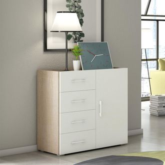 Terraneo Mueble De 4 Cajones Y Puerta Con Gu&iacute;as Met&aacute;licas.encimera Contenedora De Roble Con Frentes Blancos