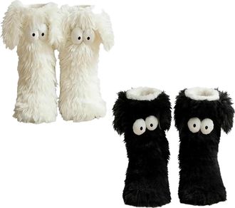 Generic Muffle Friends Cozy Socks, Womens Winter Fuzzy Non-Slip Slipper Socks with Cute Big Eyes, Ultra Soft Warm Home Socks (White+Black)