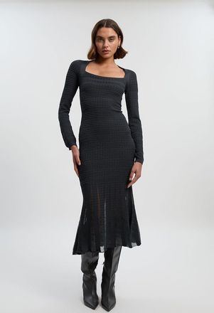 Karen Millen Womens Pointelle Stitch Detail Sheer Panel Knit Midi Dress - Navy Viscose - Size X-Small