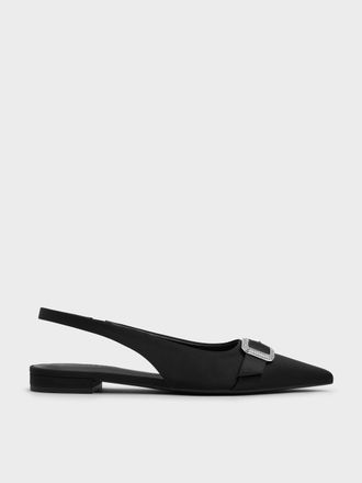 Charles & Keith Satin Crystal-Buckle Pointed-Toe Slingback Flats