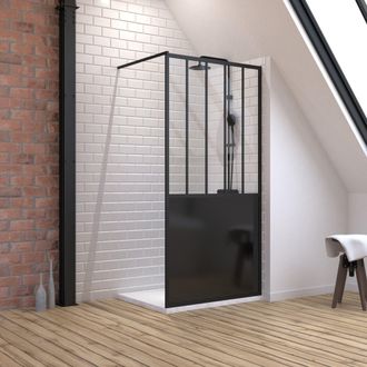 Aurlane Aurlane - Pack Mampara De Ducha 100x200 Cm Negro Mate + Plato Extraplano De Pie 100x80 Canal Efecto Piedra Blanca