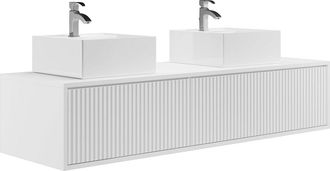 Vente-Unique Mueble de baño flotante rayado con doble lavabo - blanco - 150 cm - ARNEGA