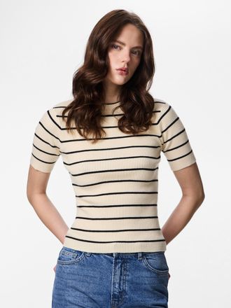 Pieces Kurzarmpullover PIECES PCMIRA SS O-NECK KNIT NOOS BC, Damen, Gr. XL, birch stripes:schwarz narrow, Strick, Obermaterial: 50% Viskose, 28% Polyester, 2
