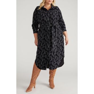 Universal Standard Morgan Long Sleeve Stretch Flannel Midi Shirtdress in Indigo Ikat Arrow Blue at Nordstrom, Size 2Xl