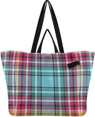 Generic Yellow Pink Plaid print Reusable Canvas Tote Bag, Heavy Duty Grocery Shopping Bag with Double Handles Hard Bottom Large Capacity Work Groceries Travel