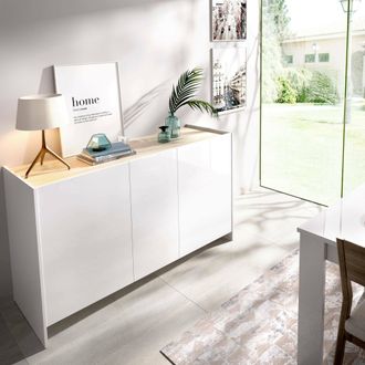 Dmora Aparador Calino, Buffet Para Sal&oacute;n, Aparador Moderno Para Sal&oacute;n Con 3 Puertas, 138x42h76 Cm, Blanco Y Roble - Dmora