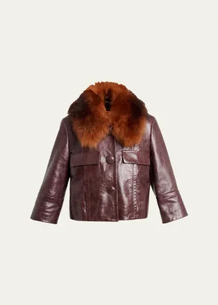Chlo&eacute; Shiny Calf Leather Jacket with Shearling Collar