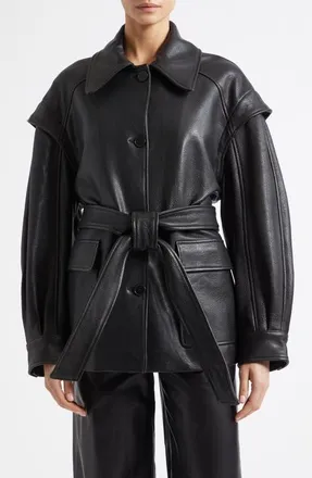 Nour Hammour Perrin Belted Leather Jacket in Black at Nordstrom, Size X-Small