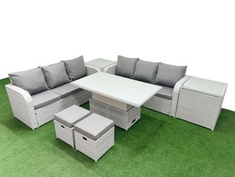 Fimous Outdoor Garden Furniture Sets 8 Seater Wicker Rattan Furniture Sofa Sets w/ Adjustable Lifting Dining or Coffee Table high Back Lounge Sofa