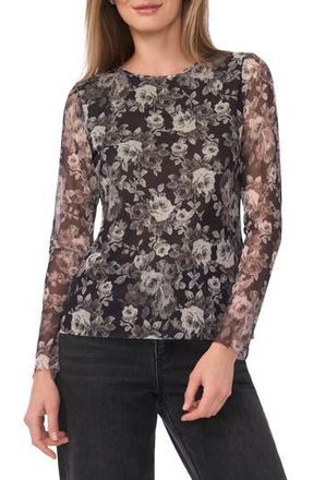 Ted Baker Floral Long Sleeve Mesh Top in Rich Black at Nordstrom Rack, Size Medium