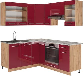 Vicco Cocina Esquinera Fame-line, Burdeos Brillo Intenso/roble Dorado, 160 X 60 Cm Sin Encimera