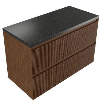 Saniclass Holz Atelier Badkamermeubelset - 100x45x63cm - Noche basalten wastafelblad gepolijst (zwart) - 1 kraangat - 2 lades - mat walnut pure (hout)