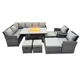 Fimous 12 Seat Gas Firpit Dining Table Corner Sofa Set with 4 Stool 2 Chairs in Dark Grey
