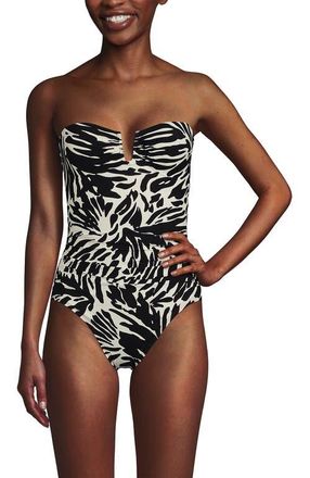 Lands End Slender Suit Tummy Control U-Wire Bandeau One Piece Swimsuit in Black/egret White Leaf Scroll at Nordstrom, Size 12
