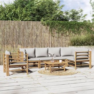 vidaXL Set De Muebles De Jard&iacute;n 7 Piezas Bamb&uacute; Y Cojines Gris Claro Vidaxl