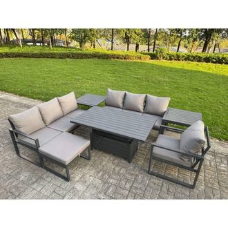Fimous Aluminum 8-Seater Sofa Dining Set with Lifting Table, 2 Side Tables in Dark Grey