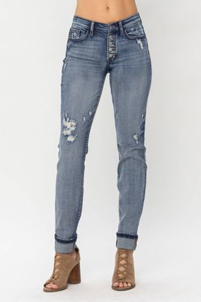 Judy Blue Mid Rise Button Fly & Cuff Options Tall Boyfriend Denim Jeans In Contrast Wash