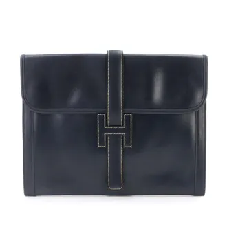 Herm&egrave;s Navy Box Calf Leather Clutch Bag (Pre-Owned)