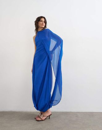 Topshop Vestito midi da cerimonia in chiffon color cobalto con fondo drappeggiato-Blu